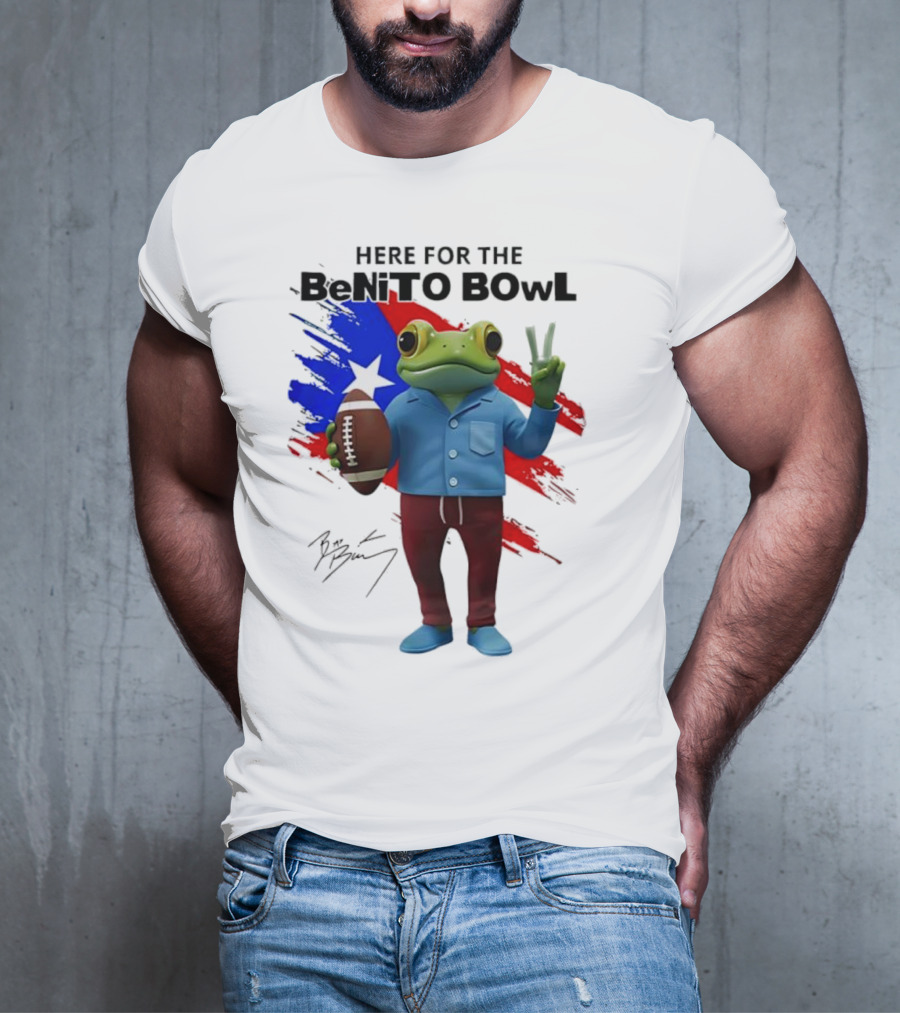 Bad Bunny Here For The Benito Bowl Super Bowl Frogs Puerto Rico Flag Football Peace Sign Signature T-Shirt