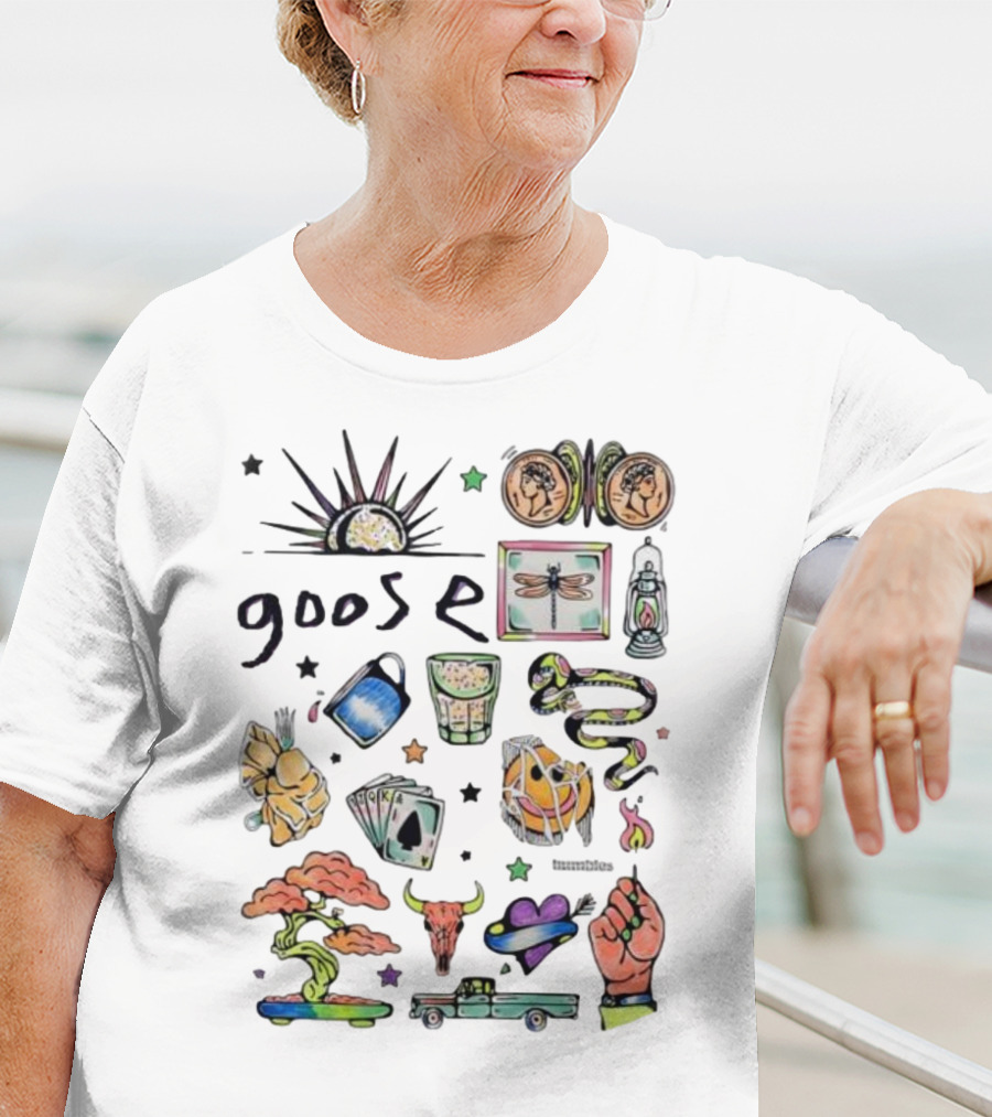 Goose Psychedelic Sunrise And Nature Symbols With Playing Cards Art T-Shirt