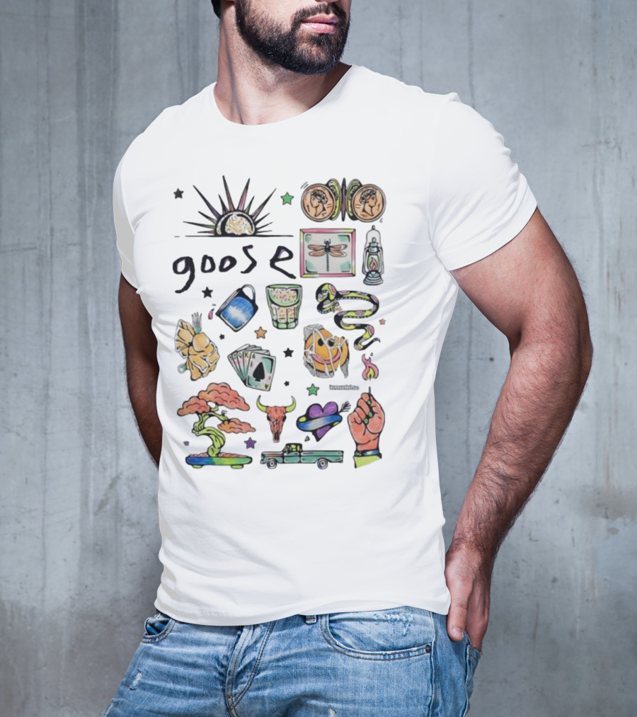 Goose Psychedelic Sunrise And Nature Symbols With Playing Cards Art T-Shirt