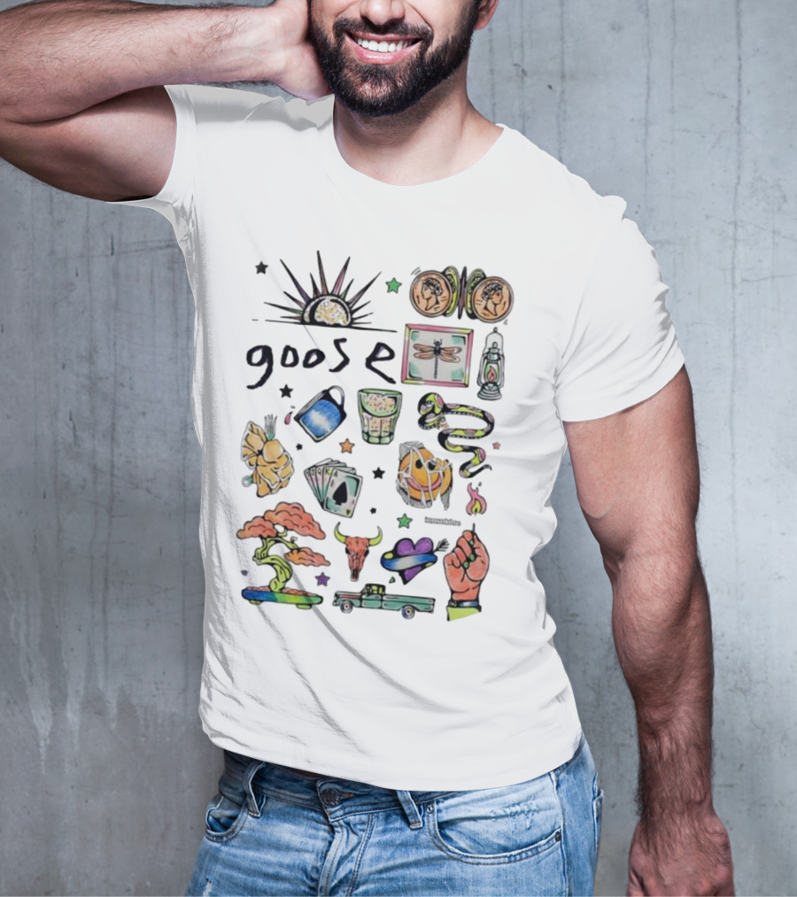 Goose Psychedelic Sunrise And Nature Symbols With Playing Cards Art T-Shirt