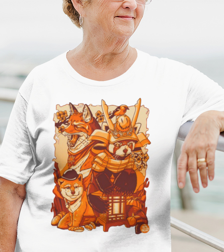 Tenhun Orange Fuzz Samurai Animal Scene T-Shirt