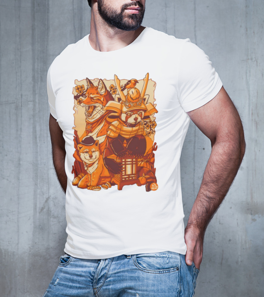 Tenhun Orange Fuzz Samurai Animal Scene T-Shirt