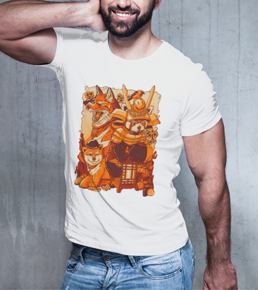 Tenhun Orange Fuzz Samurai Animal Scene T-Shirt
