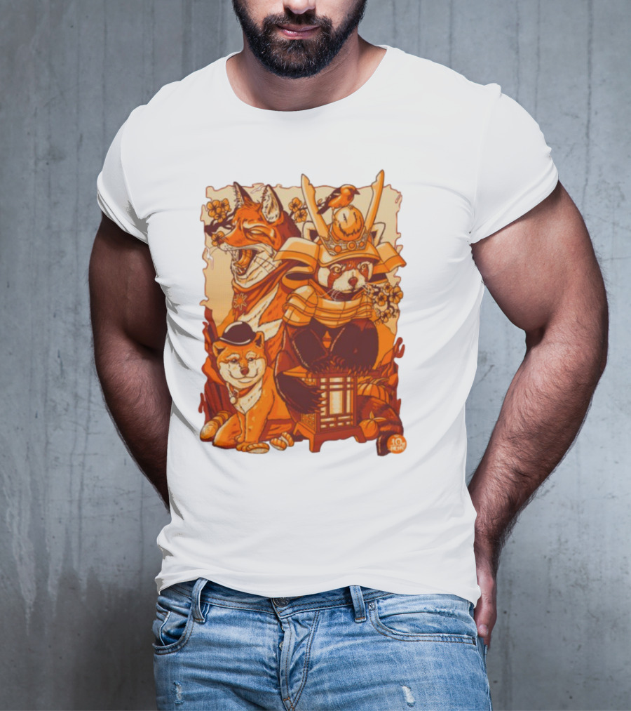 Tenhun Orange Fuzz Samurai Animal Scene T-Shirt