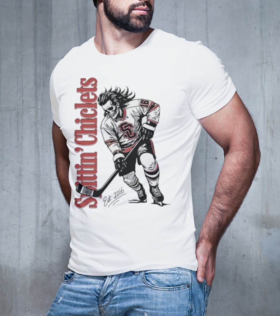 Spittin Chiclets Skullet Skeleton Player Hockey Est 2016 T-Shirt