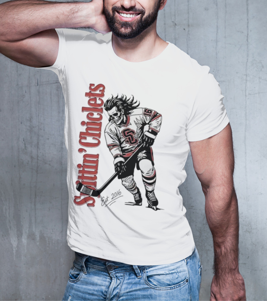 Spittin Chiclets Skullet Skeleton Player Hockey Est 2016 T-Shirt