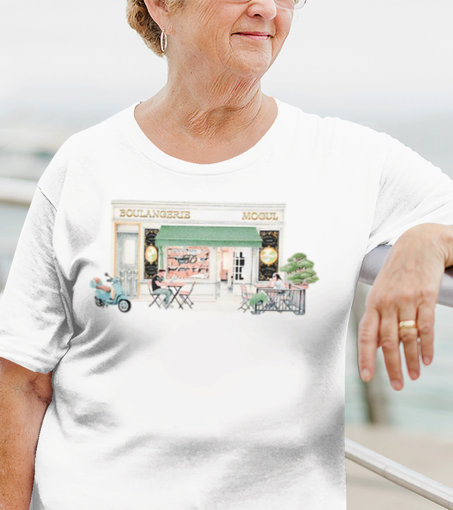 Boulangerie Mogul Cafe Street Scene With Green Awning And Outdoor Seating T-Shirt