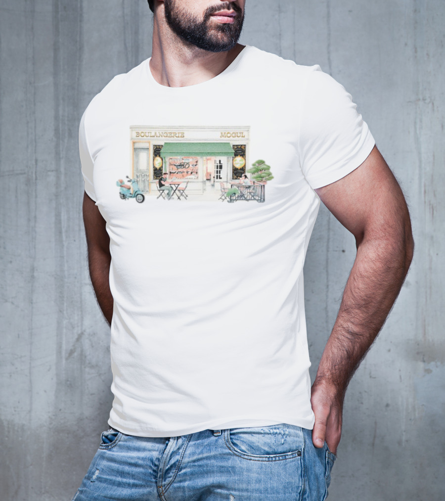 Boulangerie Mogul Cafe Street Scene With Green Awning And Outdoor Seating T-Shirt