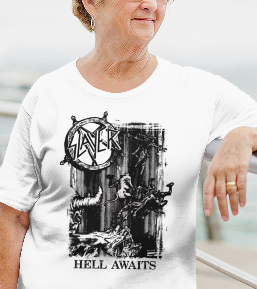 Monochrome Slayer Hell Awaits Acid Iconic Band Art T-Shirt