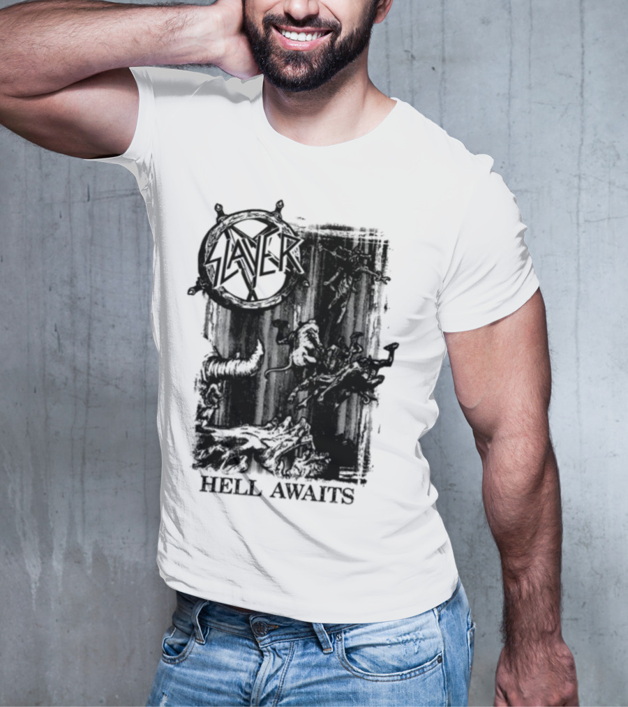 Monochrome Slayer Hell Awaits Acid Iconic Band Art T-Shirt