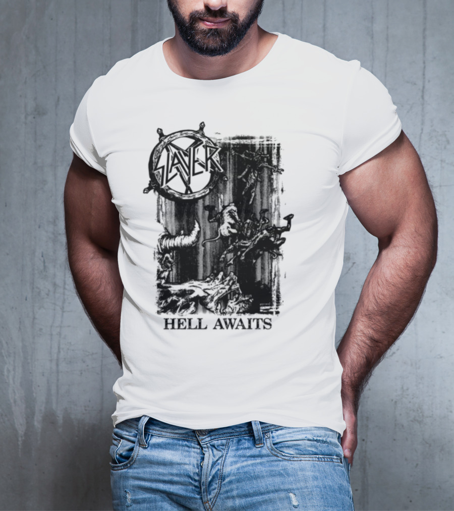 Monochrome Slayer Hell Awaits Acid Iconic Band Art T-Shirt