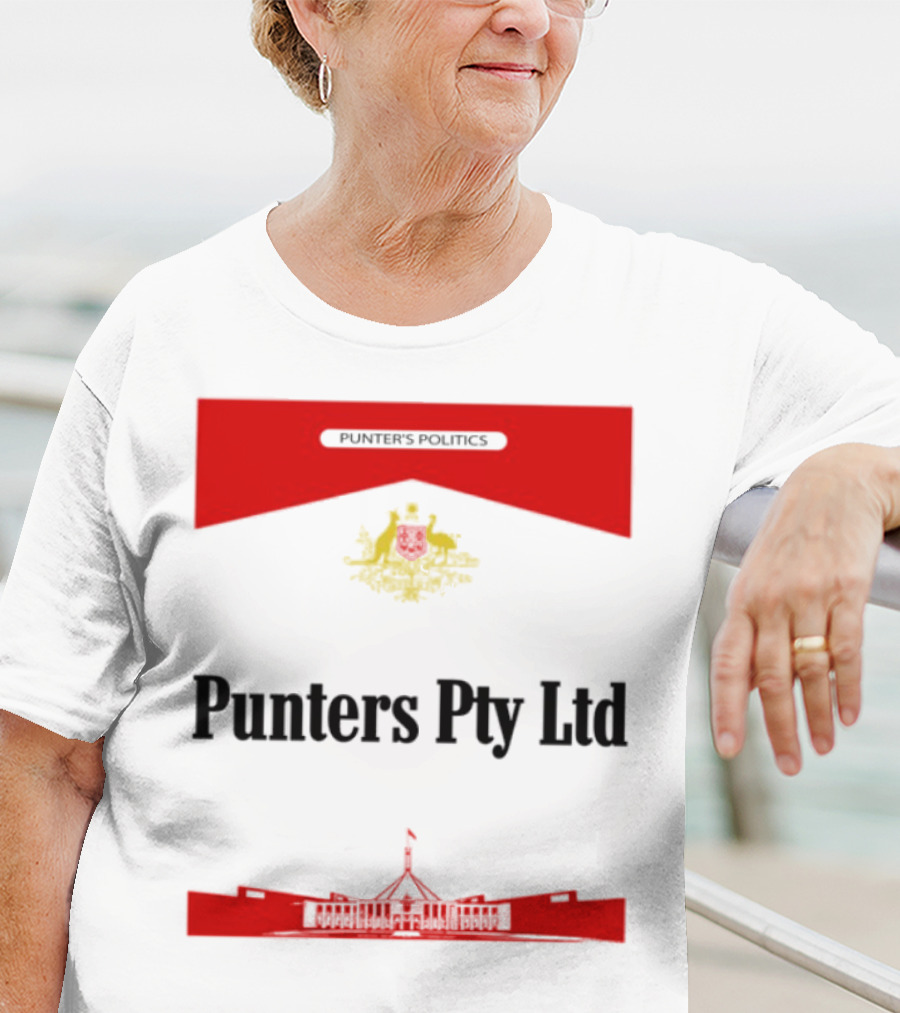 Punter's Lobbyist Uniform Australia's Parliament House Silhouette Red And Gold Emblem T-Shirt