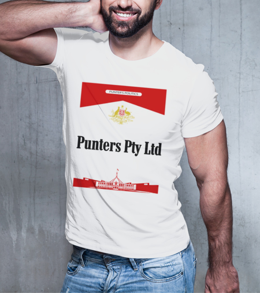 Punter's Lobbyist Uniform Australia's Parliament House Silhouette Red And Gold Emblem T-Shirt
