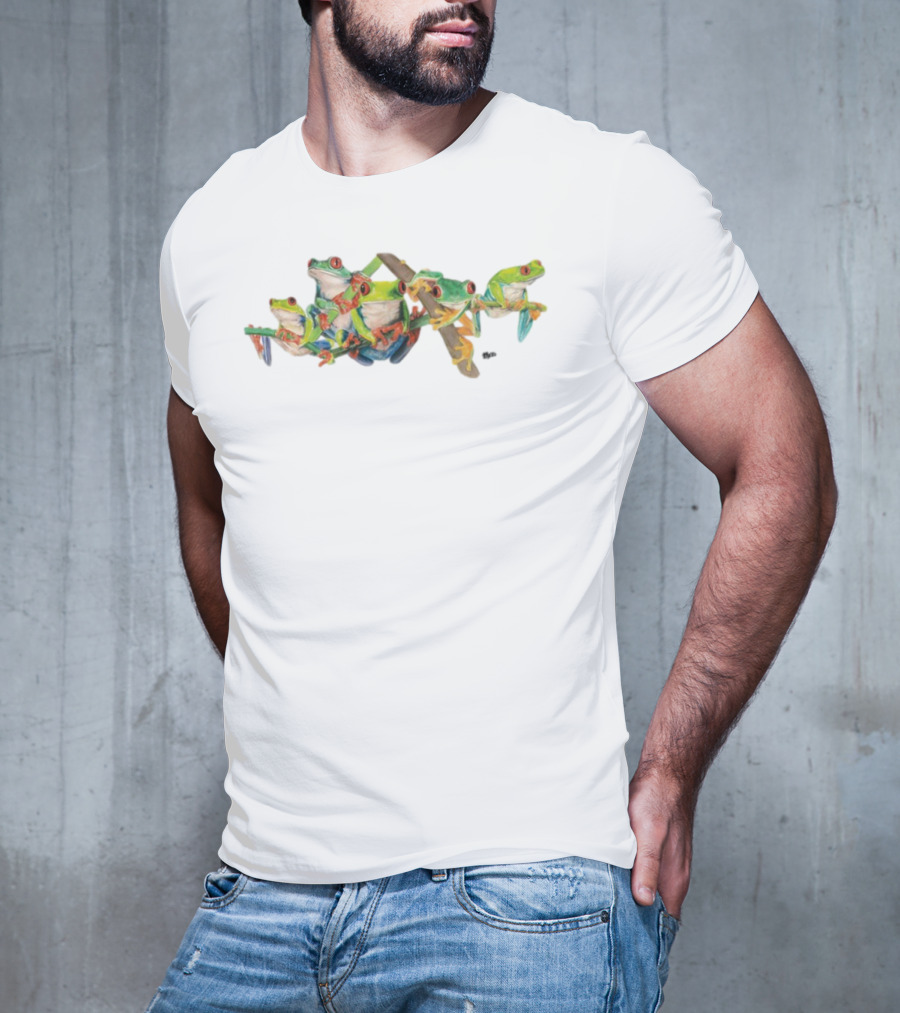 Red-Eyed Tree Frogs Colorful Group Branch Scene T-Shirt