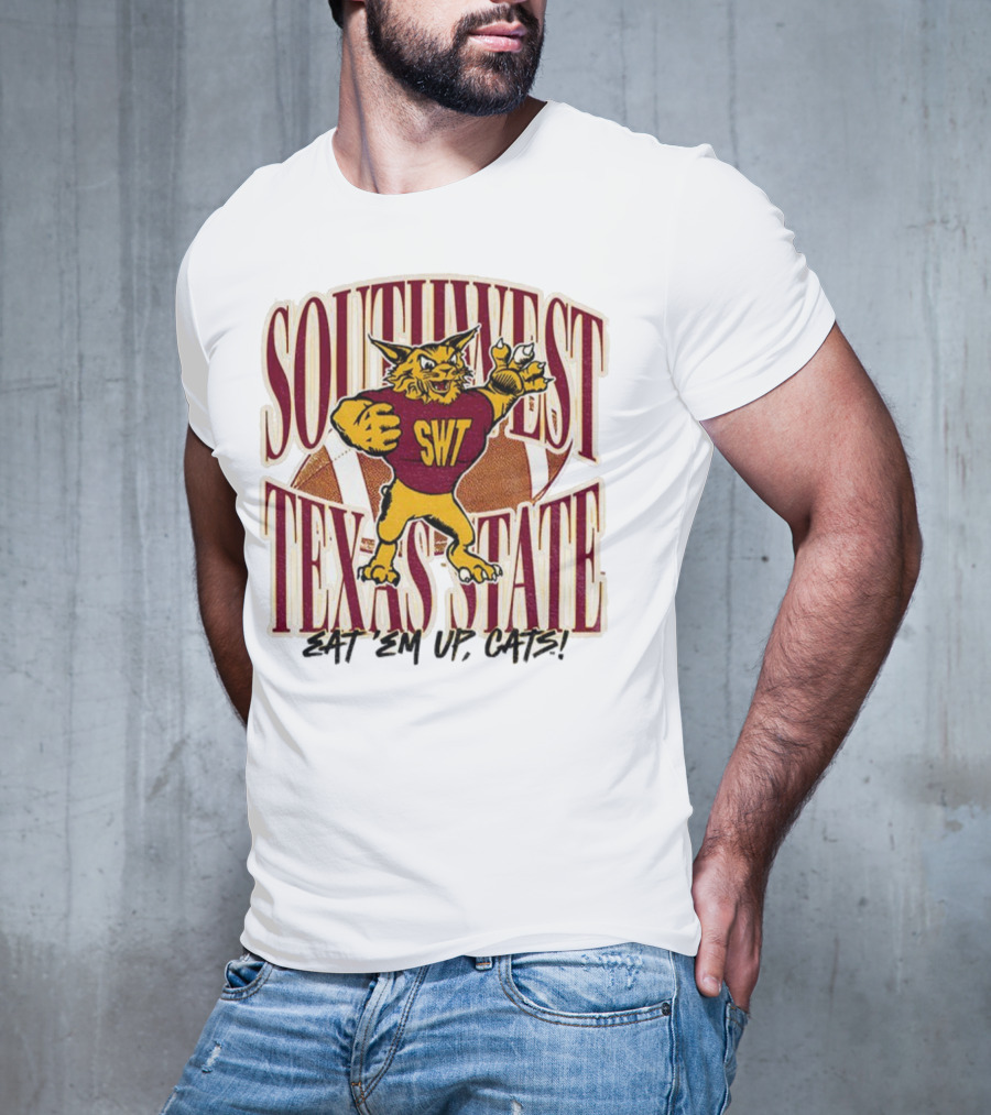 Southwest Texas State SWT 1990s Eat Em Up Cats Mascot Football T-Shirt
