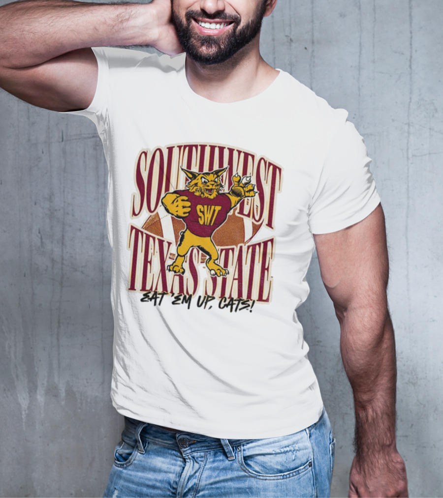 Southwest Texas State SWT 1990s Eat Em Up Cats Mascot Football T-Shirt
