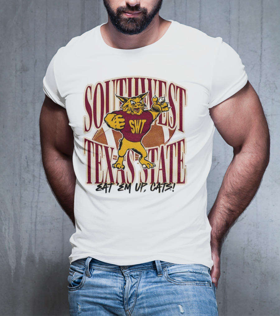 Southwest Texas State SWT 1990s Eat Em Up Cats Mascot Football T-Shirt