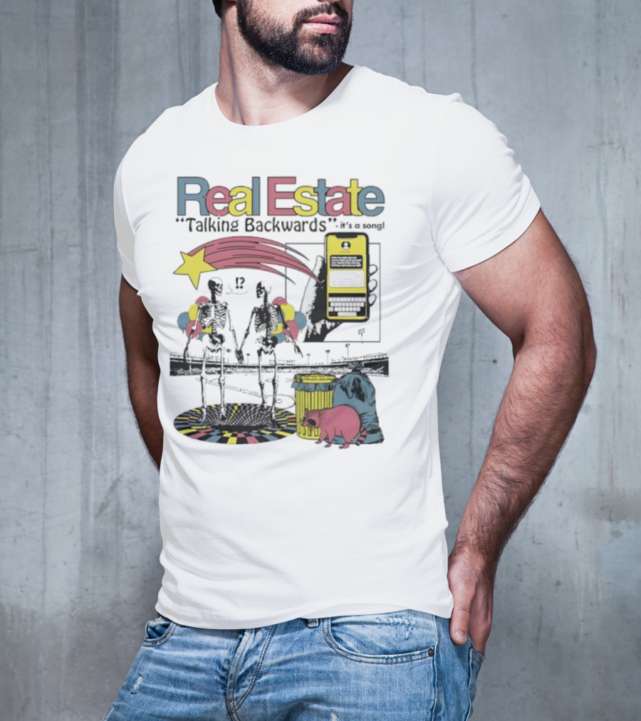 Real Estate Talking Backwards Song Star Phone Trash Can Raccoon T-Shirt