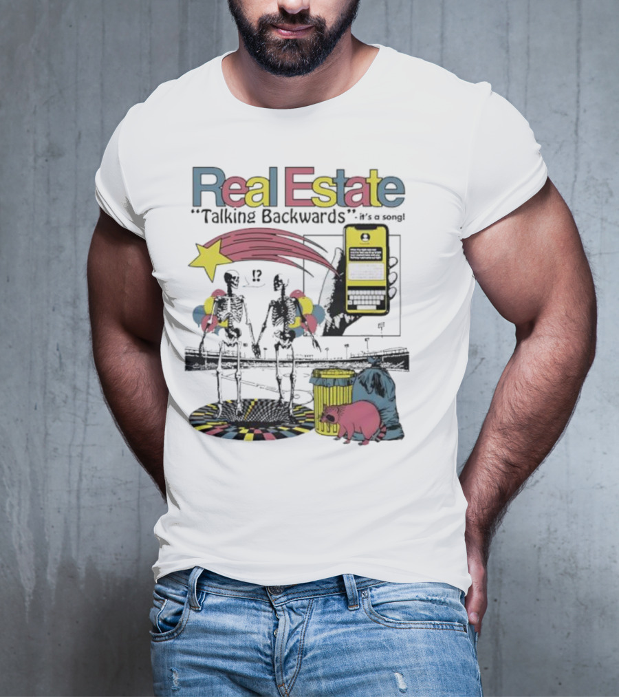 Real Estate Talking Backwards Song Star Phone Trash Can Raccoon T-Shirt