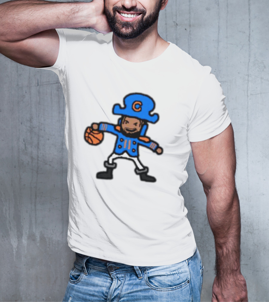 Captain Clutch Basketball Cartoon Character Blue Hat And Jacket T-Shirt