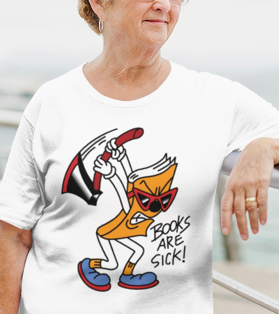 Nick Parry Axed Books Are Sick Animated Character With Pickaxe Sunglasses And Sneakers T-Shirt