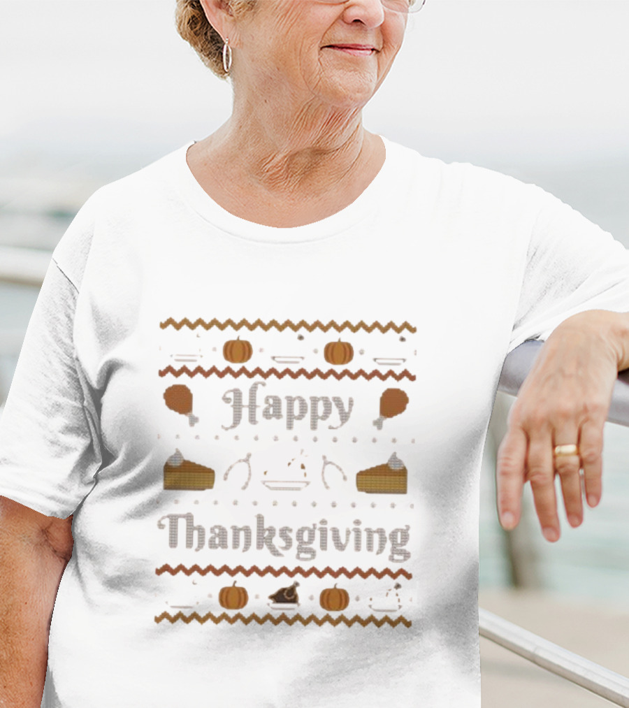Happy Thanksgiving Pumpkin Pie Turkey Cross-Stitch T-Shirt