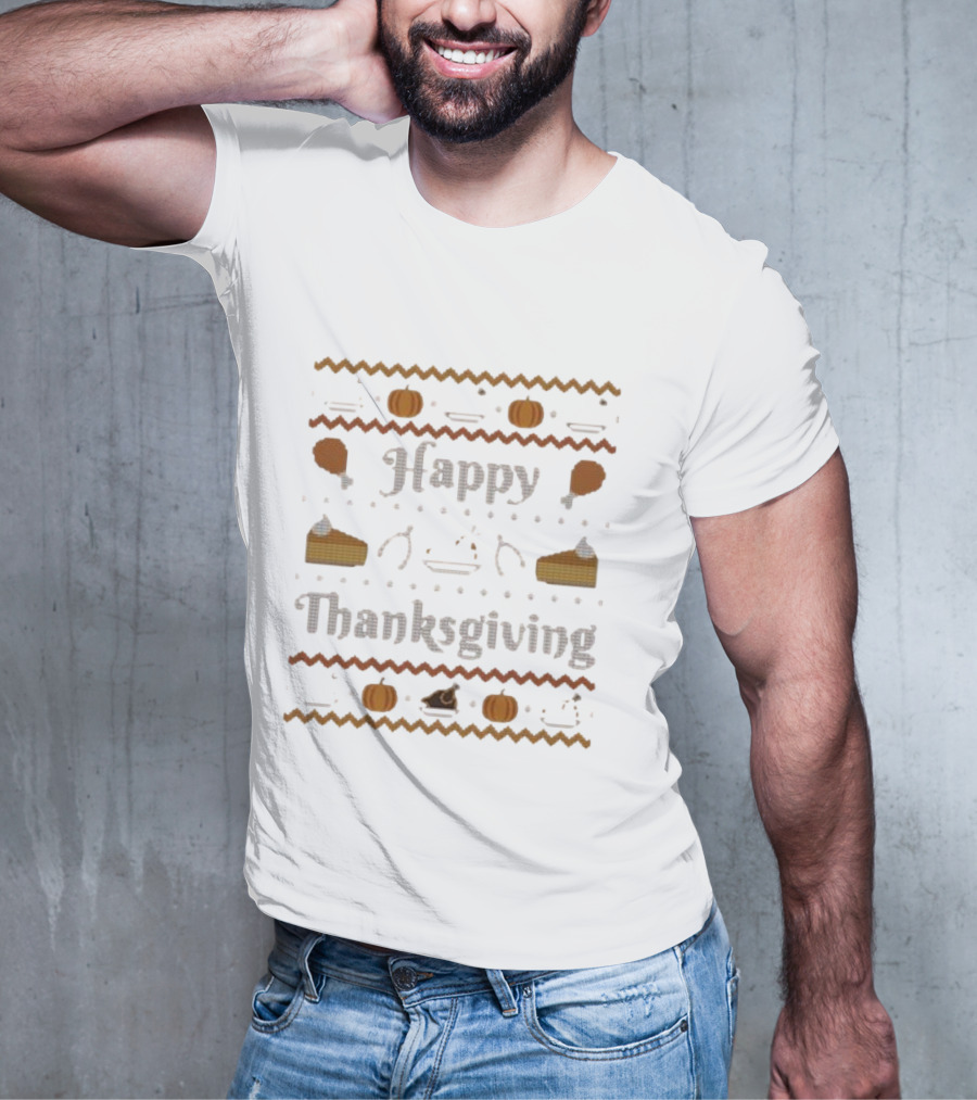Happy Thanksgiving Pumpkin Pie Turkey Cross-Stitch T-Shirt