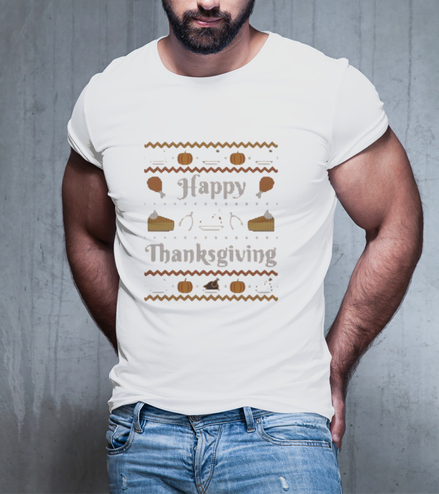 Happy Thanksgiving Pumpkin Pie Turkey Cross-Stitch T-Shirt