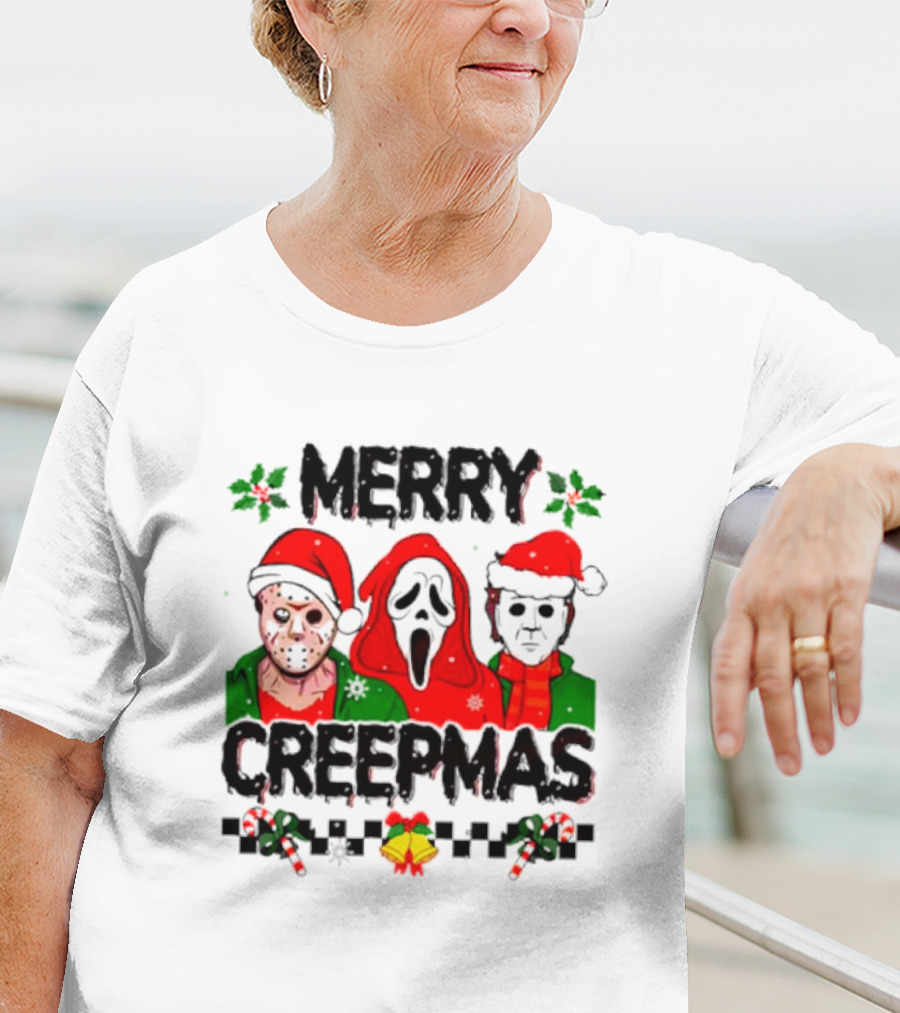 Merry Creepmas Horror Characters With Festive Scary Holiday T-Shirt