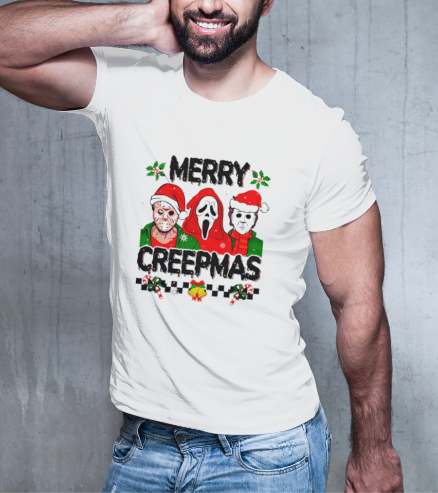 Merry Creepmas Horror Characters With Festive Scary Holiday T-Shirt