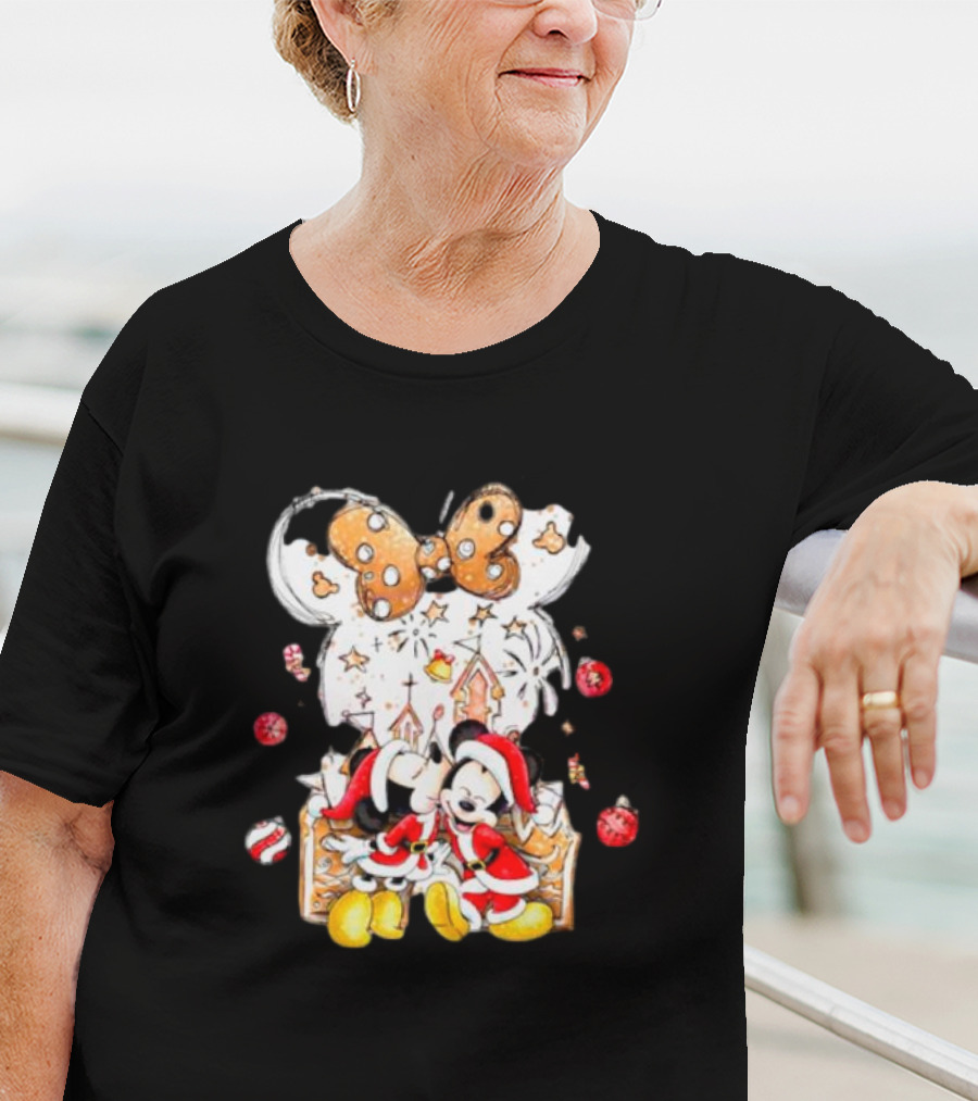 Mickey And Minnie Christmas Castle Gingerbread Mouse Ears Holiday Scene T-Shirt