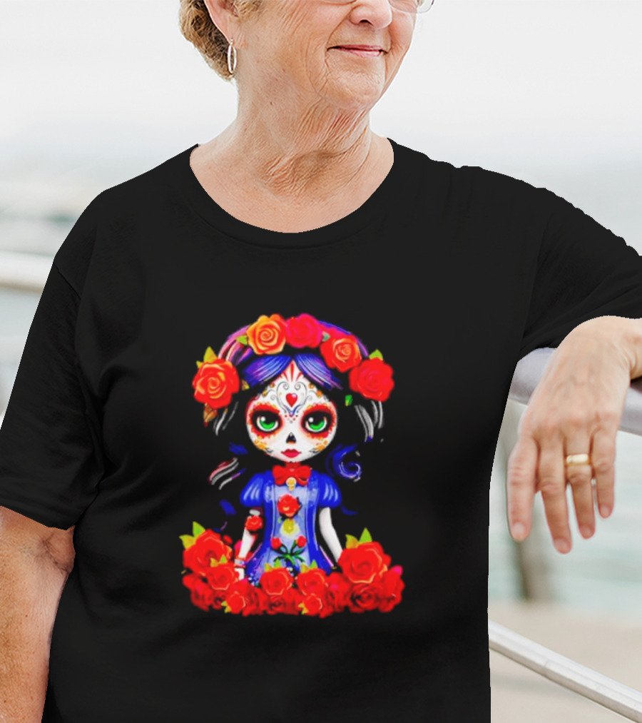 Women LA Catrina Day Of The Dead Floral Rose Adorned T-Shirt