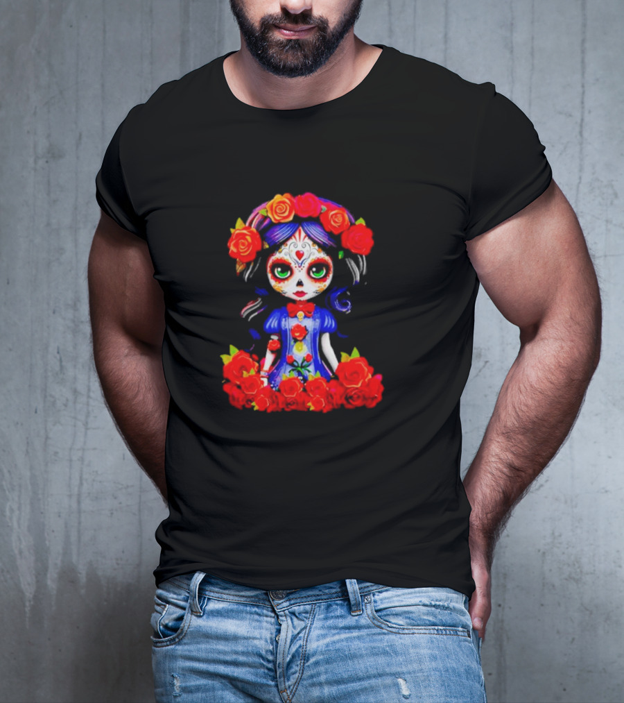 Women LA Catrina Day Of The Dead Floral Rose Adorned T-Shirt