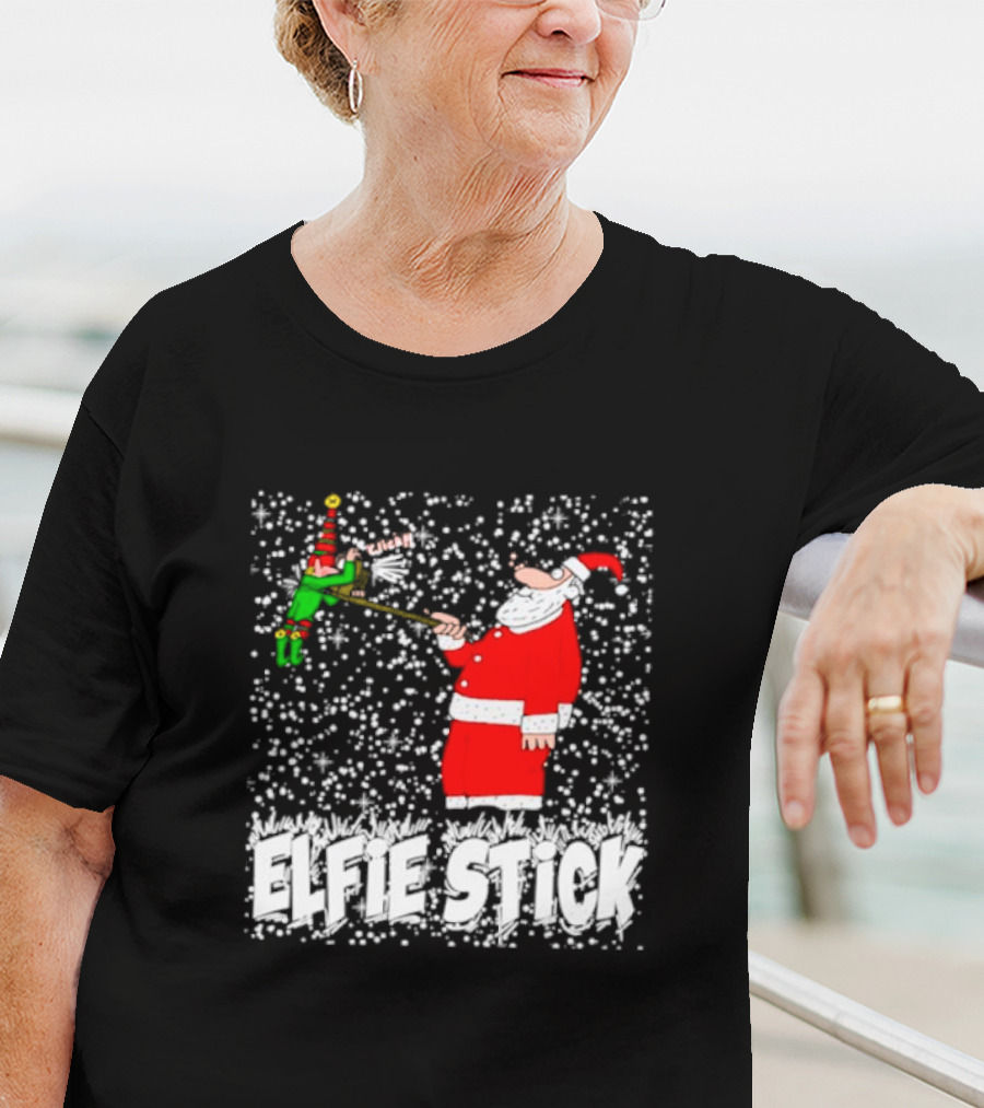 Santa Claus Elfie Stick Funny Christmas Selfie Snowflakes T-Shirt