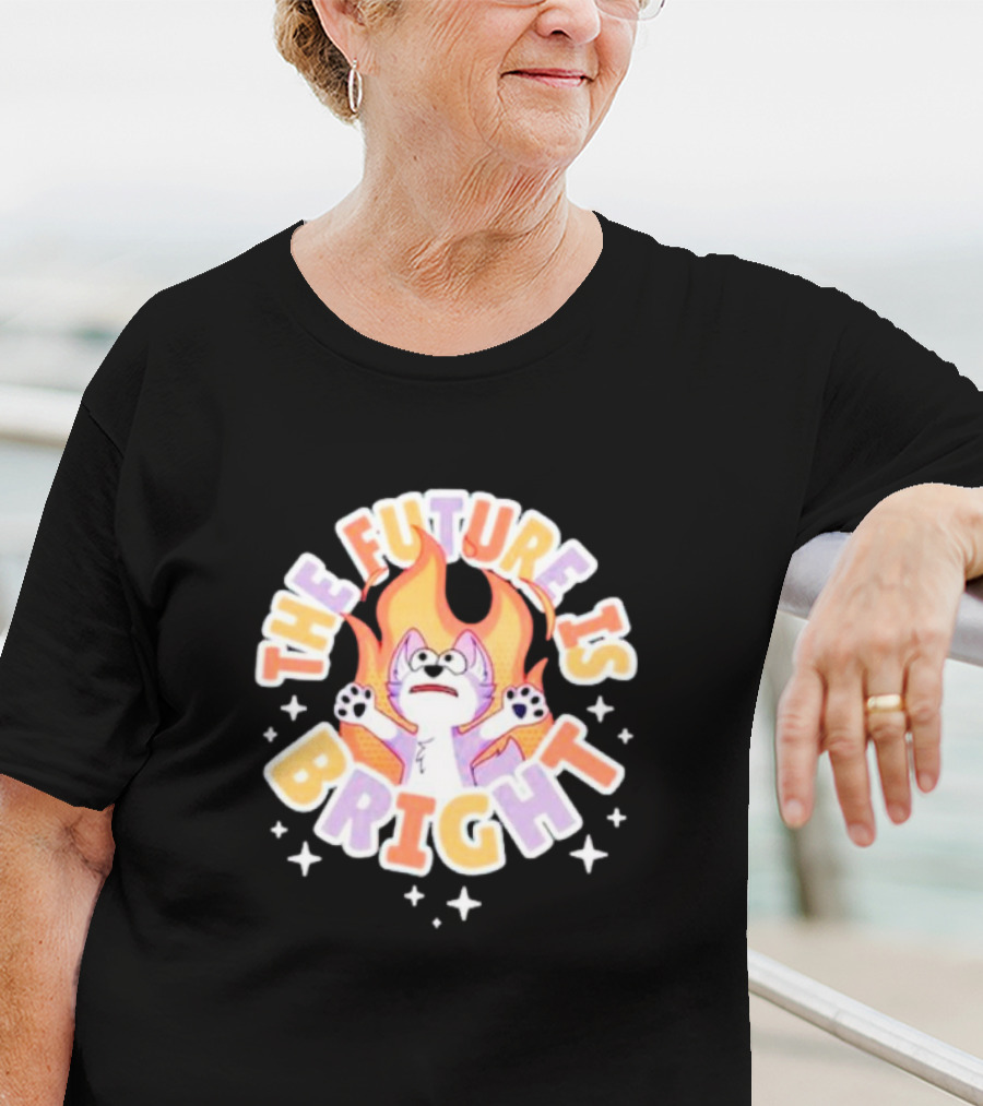 The Future Is Bright Flaming Cartoon Cat With Stars And Flames T-Shirt