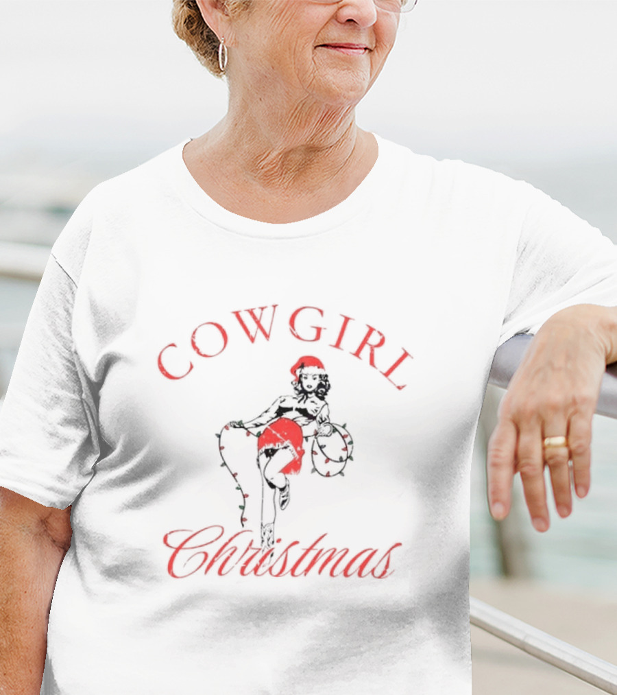 Cowgirl Christmas Santa Hat Festive Lights Retro Pin-Up T-Shirt