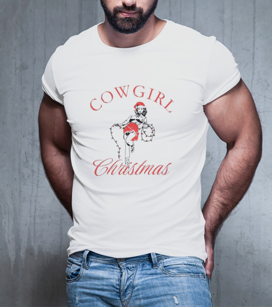 Cowgirl Christmas Santa Hat Festive Lights Retro Pin-Up T-Shirt