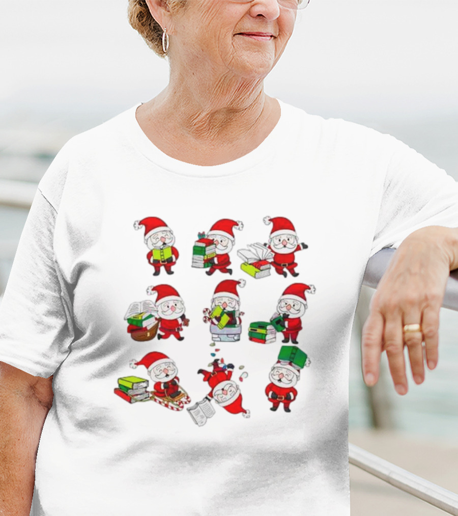 Funny Santa Claus Reading Books And Carrying Stacks In Various Poses T-Shirt