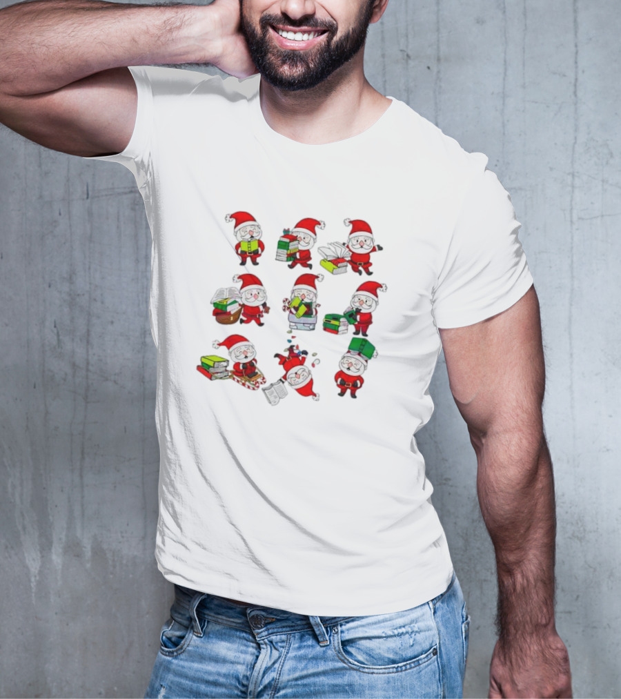 Funny Santa Claus Reading Books And Carrying Stacks In Various Poses T-Shirt