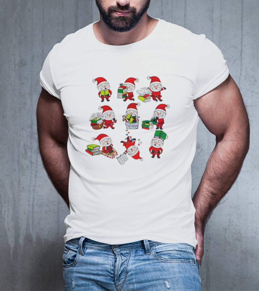 Funny Santa Claus Reading Books And Carrying Stacks In Various Poses T-Shirt