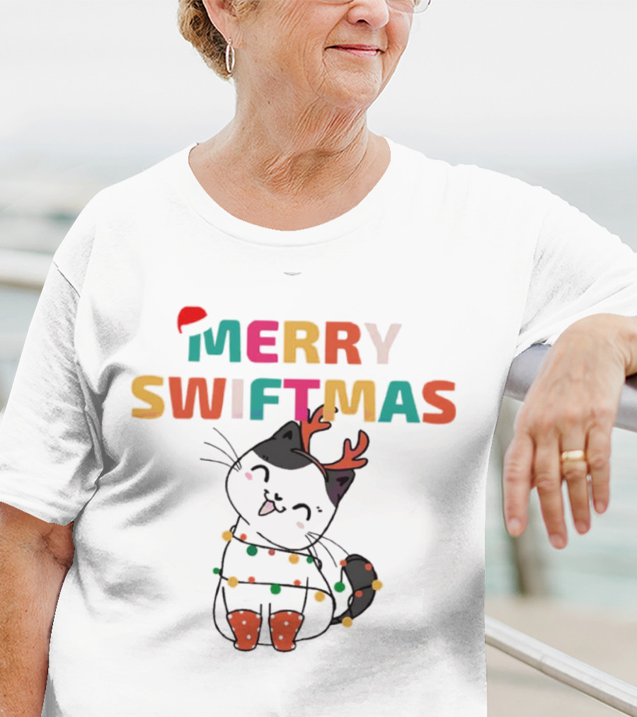 Merry Swiftmas Christmas Cat With Reindeer Antlers And Festive Lights T-Shirt