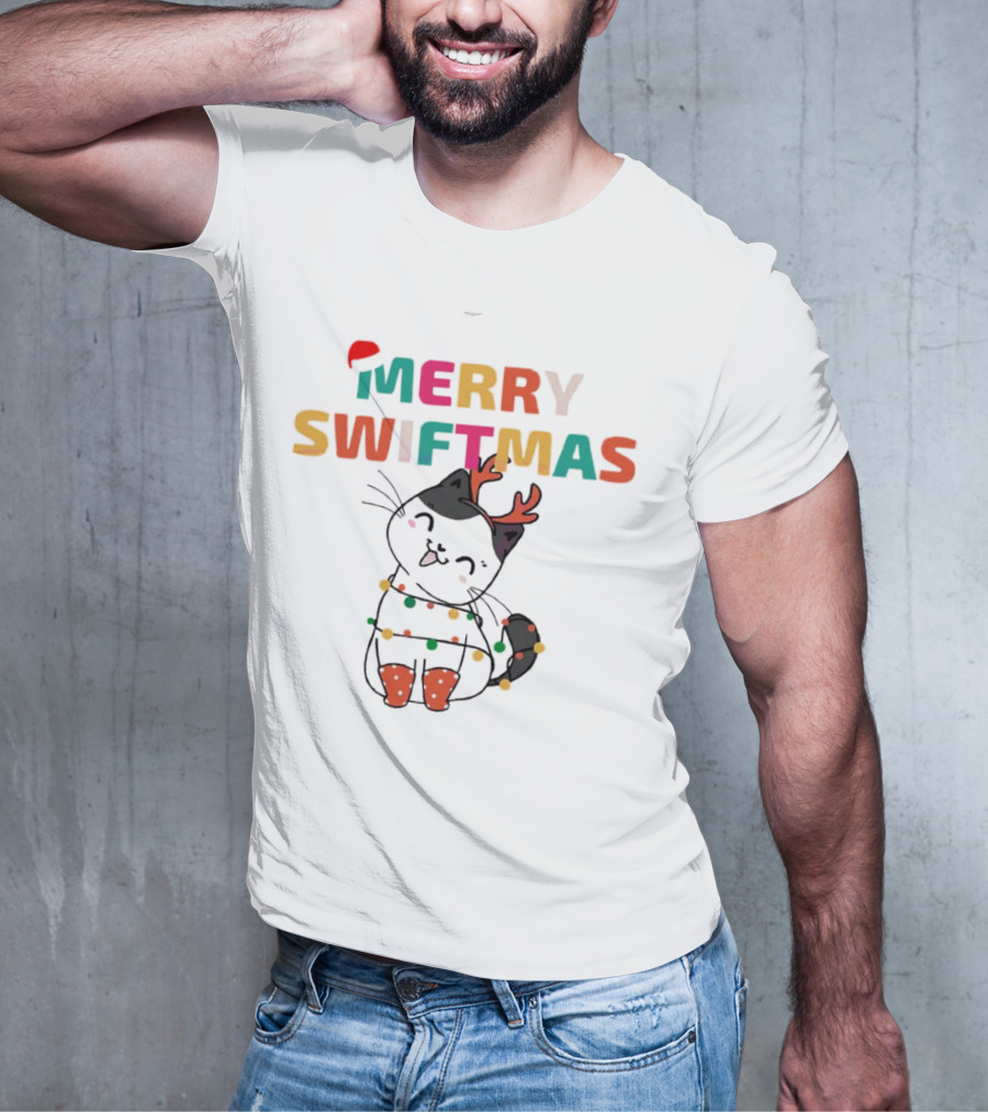 Merry Swiftmas Christmas Cat With Reindeer Antlers And Festive Lights T-Shirt