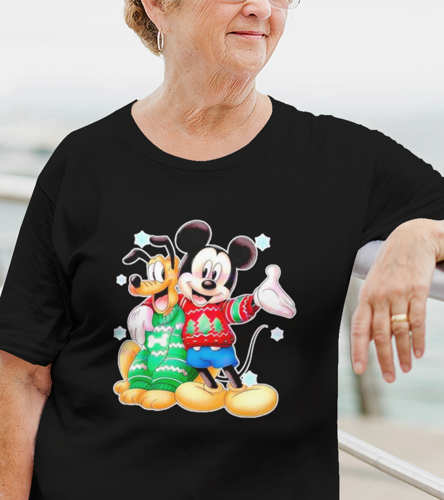 Mickey And Pluto Christmas Sweater Holiday Scene T-Shirt