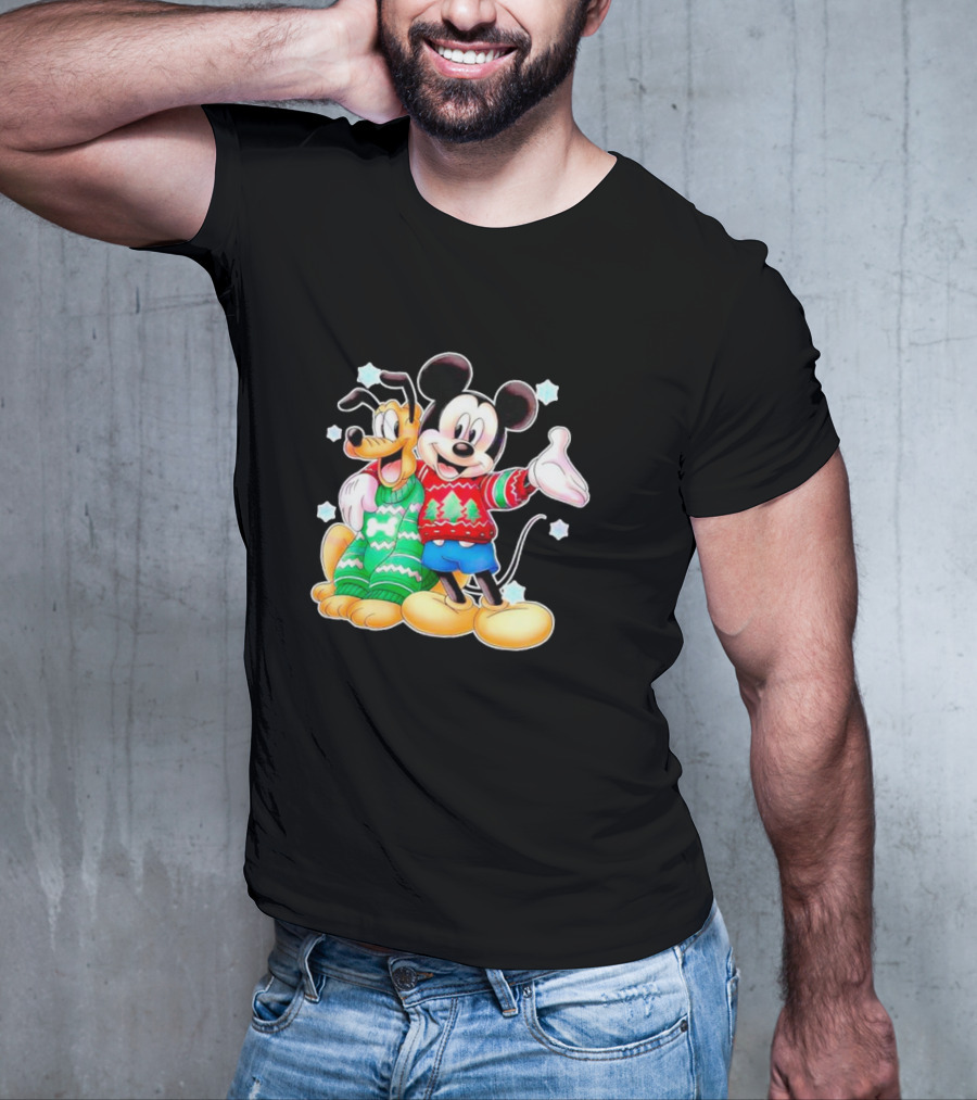 Mickey And Pluto Christmas Sweater Holiday Scene T-Shirt