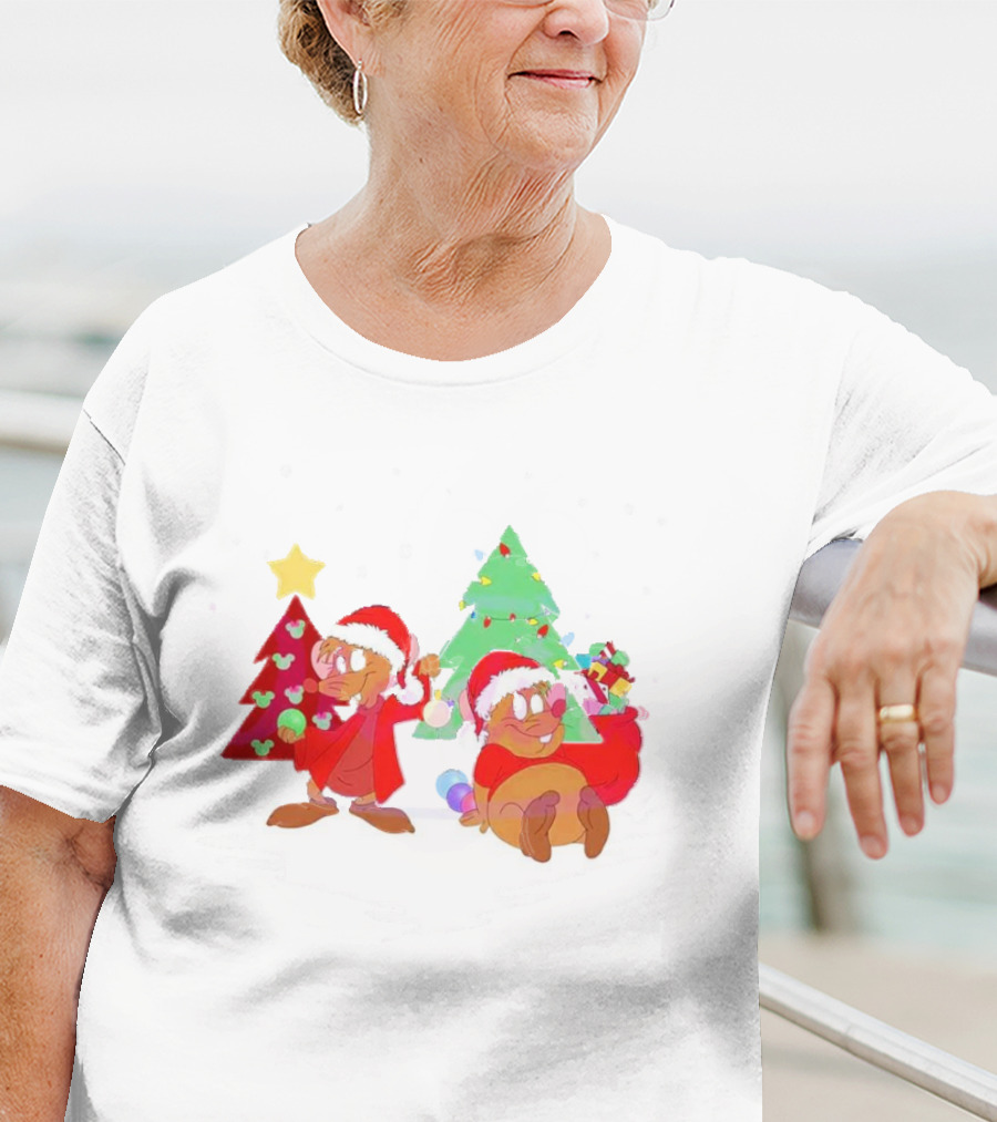 Santa Jaq And Gus With Christmas Lights And Presents By Christmas Tree T-Shirt