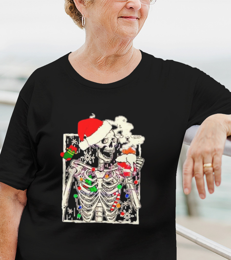 Skeleton Santa Hat Snowflake Christmas Coffee Candy Cane Holiday Scene T-Shirt