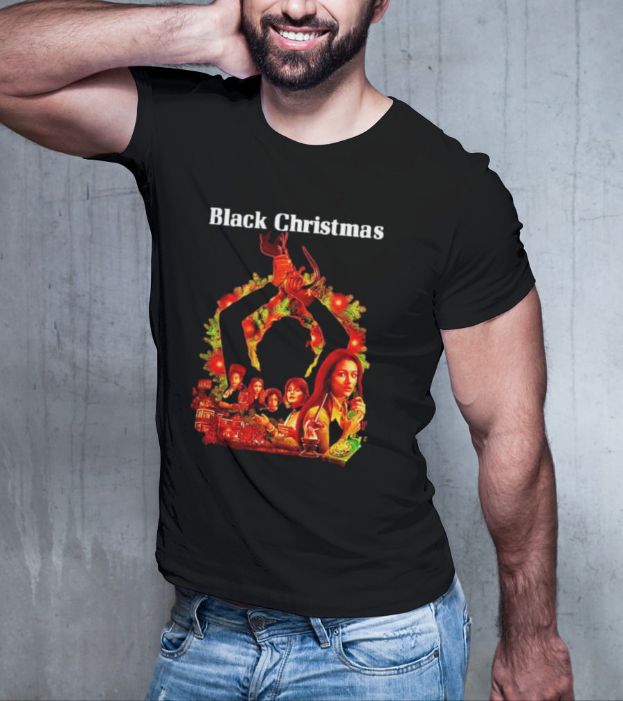 Black Christmas Silent Night Horror Movie Characters Axe Wreath Scene T-Shirt