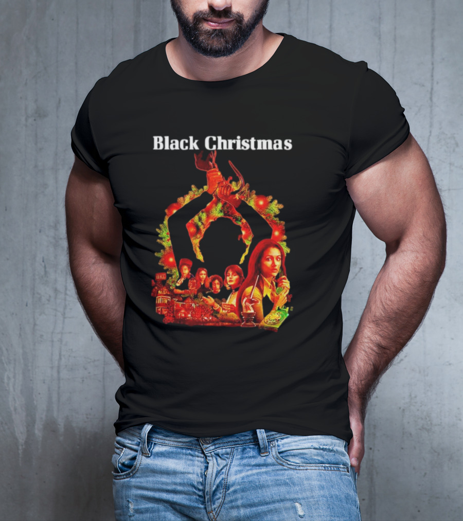 Black Christmas Silent Night Horror Movie Characters Axe Wreath Scene T-Shirt