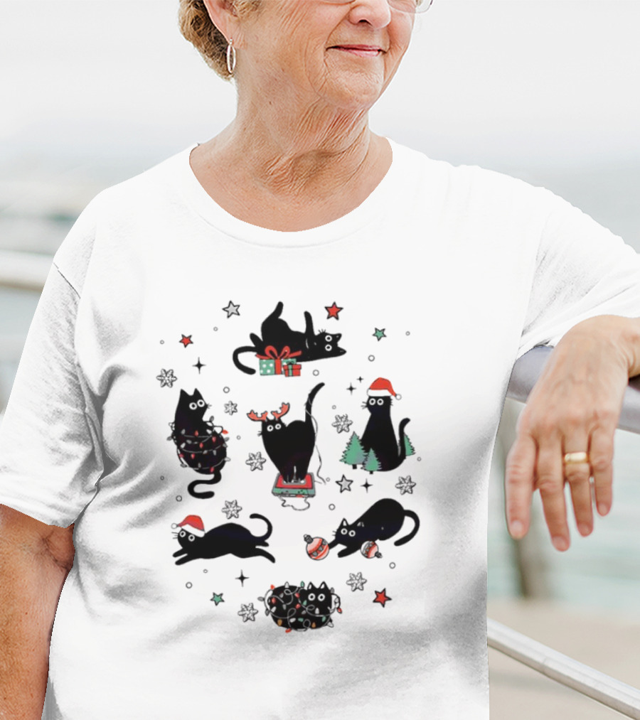 Christmas Black Cat Santa Hat Presents Lights Trees T-Shirt