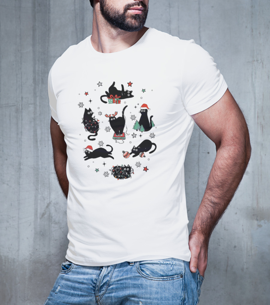 Christmas Black Cat Santa Hat Presents Lights Trees T-Shirt